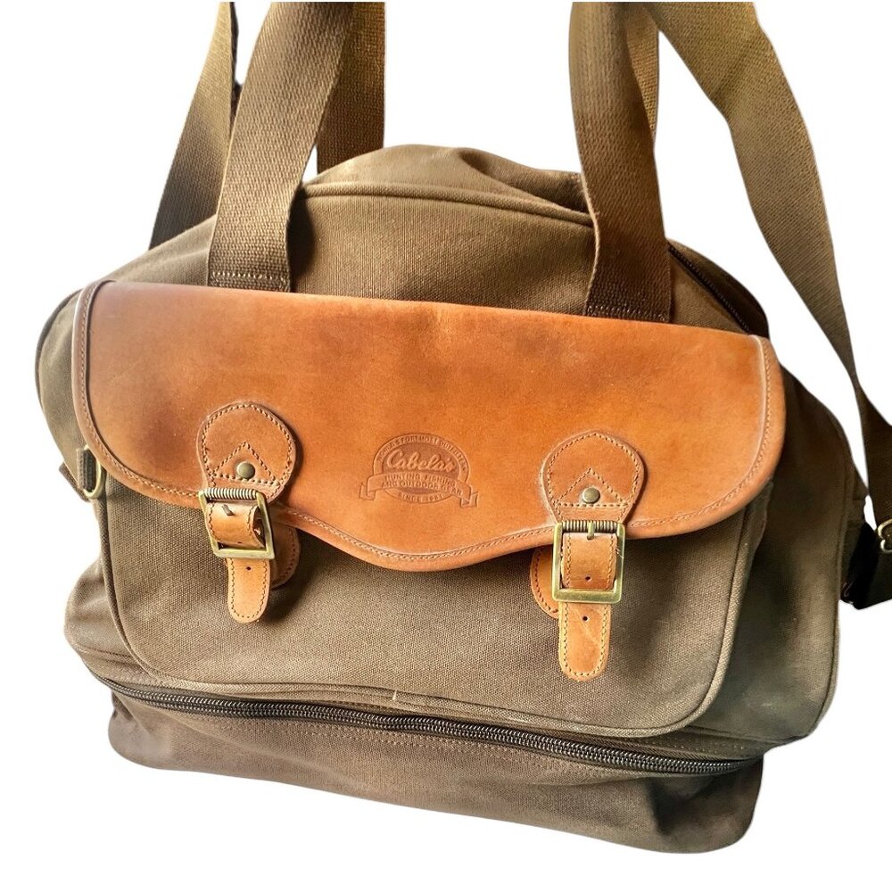 Cabelas Brown Canvas & Leather Travel Bag With Dual Pockets Collapsible bottom